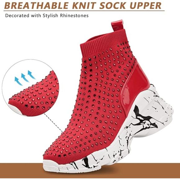 Platform Boots Wedge Sneakers Studded Rhinestone Ankle Boots Chunky Red Size 10 - Picture 3 of 7